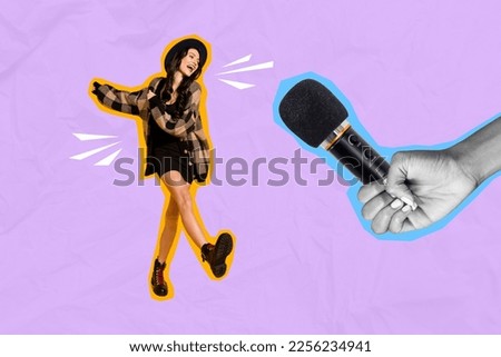 Photo 3d collage poster postcard picture magazine of happy girl have fun singing song big mic arm isolated on painted background
