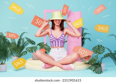 Photo 3d comics sketch collage picture excited funny lady buying sale summer clothes isolated blue color background