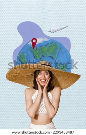 Photo 3d creative collage of young woman surprised wear straw sun hat touch cheeks crazy price low cost plane isolated on blue background
