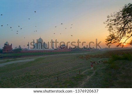 The photo is about beauty of Tajmahal from the bank of river Yamuna during sunset. The sky is changing its colour, birds are coming back in their nests... the serenity of nature and the Tajmahal ....