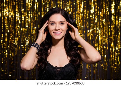 Photo Of Adorable Charming Young Lady Wear Glamour Dress Arms Head Isolated Glitter Backdrop Background