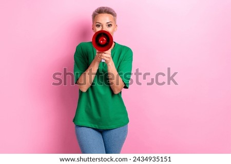 Photo of adorable lovely woman marketer wear green stylish clothes proclaim special offer isolated on pink color background