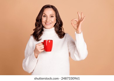 Photo of adorable lovely woman wear white trendy clothes hold hot tasty tea okey sign isolated on beige color background - Powered by Shutterstock