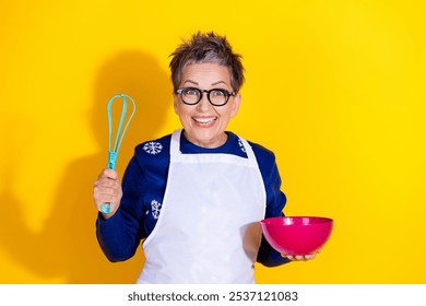 Photo of adorable lovely woman wear sweater hold plastic whisk prepare food isolated on yellow color background - Powered by Shutterstock