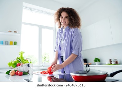 Photo of adorable shiny woman wear violet shirt chopping red sweet fresh pepper preparing supper indoors apartment kitchen - Powered by Shutterstock