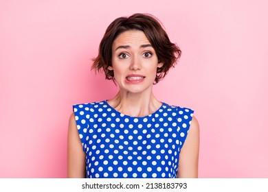 Photo of adorable stressed bad mood frightened terrified female make big fail isolated on pink color background
