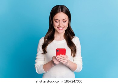 Photo of adorable sweet wavy lady wear white sweater holding looking modern device isolated blue color background