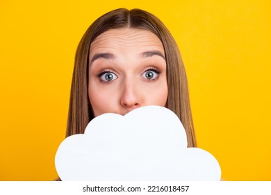 Photo Of Adorable Young Woman Wear Sweater Holding Two Paper Clouds Hide Mouth Isolated Bright Color Background.