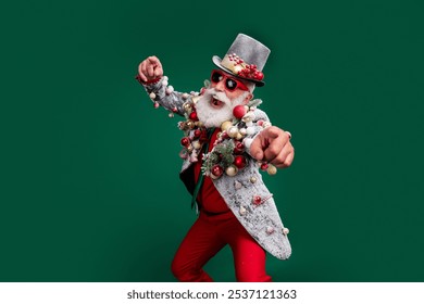 Photo of aged man blazer decorated xmas tree toys cylinder hat point fingers you isolated on dark green color background - Powered by Shutterstock