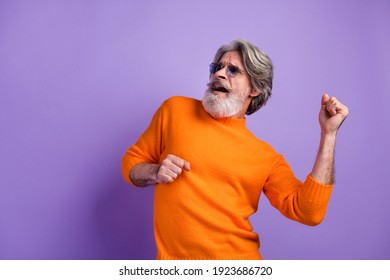 Photo Of Aged Man Happy Positive Smile Have Fun Enjoy Music Dance Isolated Over Violet Color Background