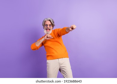 Photo Of Aged Man Happy Positive Smile Excited Crazy Have Fun Dance Isolated Over Violet Color Background