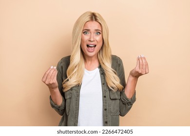 Photo of aggressive lady wear trendy clothes negative reaction bad mood pretense isolated on beige color background - Shutterstock ID 2266472405