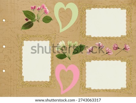 Photo album layout with empty photo frames. Page for stories. Scrapbook composition with floral elements. Page from an old photo album. Dried pressed apple flowers. For invitations und greetings.