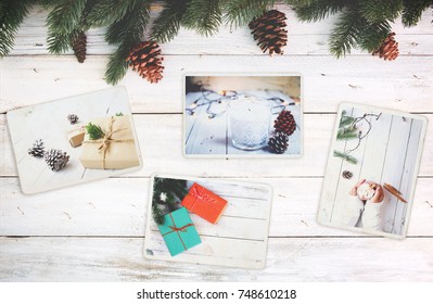 Photo Album In Remembrance And Nostalgia In Christmas (winter Season) On Wood Table. Photo Of Retro Camera - Vintage And Retro Style, Top View