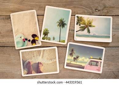 Photo Album Remembrance And Nostalgia Journey In Summer Surfing Beach Trip On Wood Table. Instant Photo Of Vintage Camera - Vintage And Retro Style