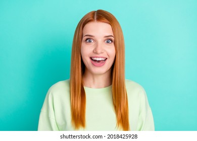 Photo Of Amazed Happy Nice Shocked Woman Red Hair Wear Casual Clothes Isolated On Teal Color Background