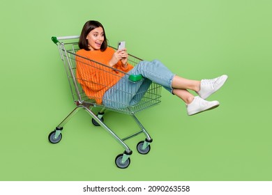 Photo of amazed lady sit pushcart search shopping website bargains wear orange sweater isolated over green color background