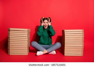 Photo of amazed young lady wear green knitted pullover hands head sitting pizza boxes isolated red color background