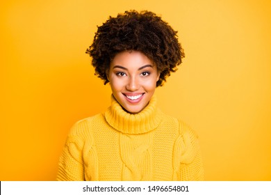 Photo Of Amazing Dark Skin Lady With Sweet Very Cute Smile Wear Warm Knitted Jumper Isolated Yellow Background