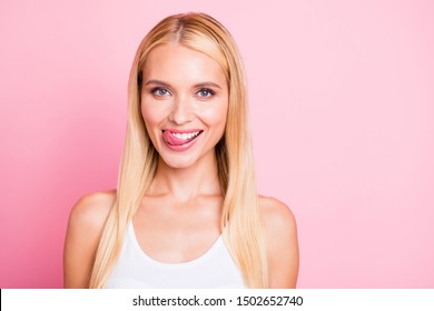 Photo Of Amazing Lady Sticking Tongue Out Of Mouth See Tasty Meal Licking Lips Wear White Tank-top Isolated Pink Color Background