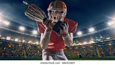 Photo of an American football player is cheering on a professional sports stadium. The stadium is made in 3D.

