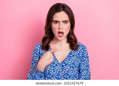 Photo of angry annoyed mad woman with wavy hairdo wear blue dress directing at herself false accusation isolated on pink color background