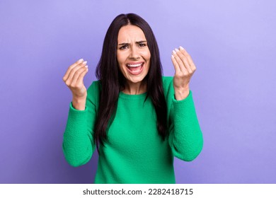 Photo of angry furious woman wear green pullover screaming asking understand her isolated purple color background - Shutterstock ID 2282418715