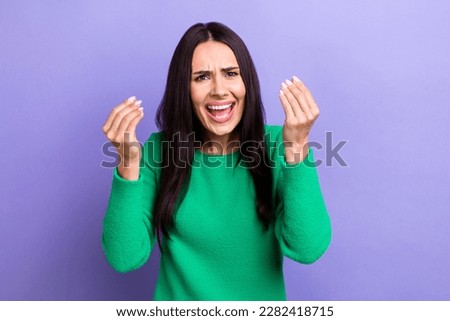 Photo of angry furious woman wear green pullover screaming asking understand her isolated purple color background