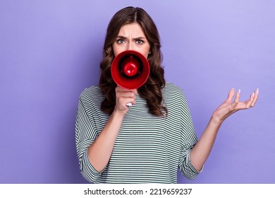 Photo Of Angry Nervous Lady Executive Screaming Loudspeaker Firing Workers Isolated On Purple Color Background