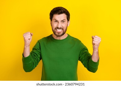 Photo of angry outraged man wear green trendy pullover man conflict fight fist isolated on yellow color background - Shutterstock ID 2360794231