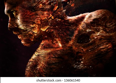 photo art. Portrait of a man with a burning texture of the skin