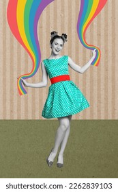 Photo artwork collage youngster carefree lady dancing wear vintage dotted skirt hold rainbow drawing lesbian dance isolated beige background