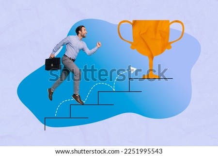 Photo artwork graphic collage photo of young office worker fast climbing stairs man reach get prize final prize cup isolated on blue background