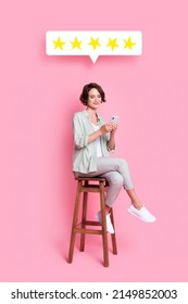 Photo artwork minimal collage of beautiful lady sitting chair leaving goods feedback isolated pink color background - Shutterstock ID 2149852003