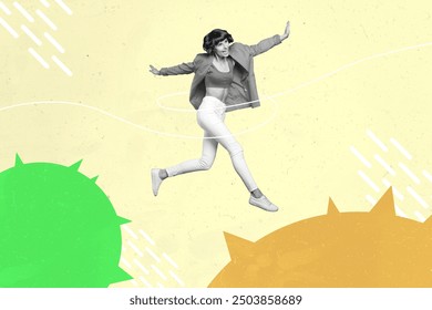 Photo artwork minimal collage of beautiful lady dancing having fun isolated beige colorful background