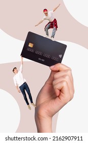 Photo artwork minimal collage of funky funny two guys standing big huge credit card holding arm isolated white beige color background - Shutterstock ID 2162907911