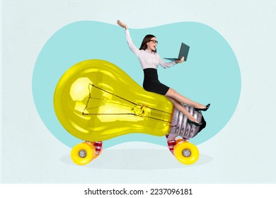 Photo artwork minimal collage picture of worker lady riding big bulb working modern device isolated drawing background - Powered by Shutterstock