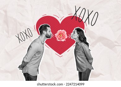 Photo artwork minimal collage picture charming funny guy lady kissing enjoying 14 february isolated drawing background