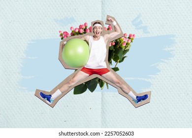 Photo artwork minimal collage picture of smiling lucky guy jumping holding fit ball getting flowers isolated drawing background