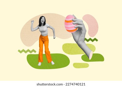 Photo artwork minimal collage picture of charming smiling lady having fun arm holding easter egg isolated drawing background