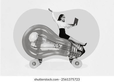 Photo artwork minimal collage picture of worker lady riding big bulb working modern device isolated drawing background - Powered by Shutterstock