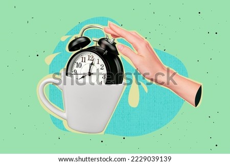 Photo artwork minimal collage picture of arm putting vintage clock inside coffee cup isolated drawing background