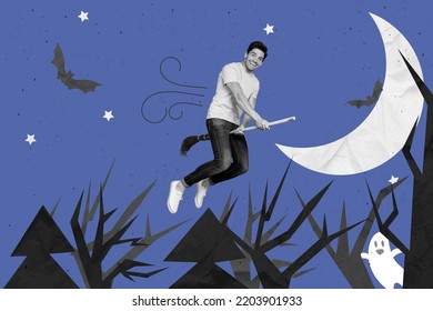 Photo Artwork Minimal Picture Of Funky Funny Guy Flying Broomstick Night Forest Isolated Drawing Background