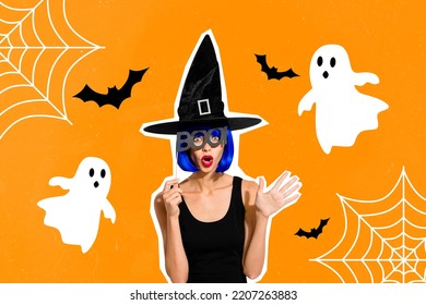 Photo Artwork Minimal Picture Of Impressed Scared Lady Wear Witch Outfit Boo Glesses Isolated Drawing Background