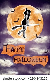 Photo Artwork Minimal Picture Of Sexy Smiling Lady Witch Flying Broom Stick Wishing Happy Halloween Isolated Drawing Background