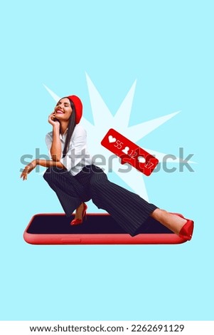 Photo artwork of young glamour outfit blogger girl wear red hat high heels posing smartphone display followers stats isolated on blue background