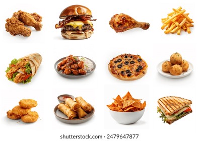 Photo of assorted delicious fast foods collection. Closeup photo set of foods, isolated on white background. hamburger, chicken wings, nachos, sandwich, fries, drumstick, nuggets, tortilla wrap.