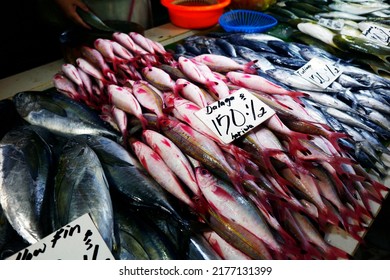 Photo Of Assorted Fresh Fish And Other Seafoods At A Public Wet Market.