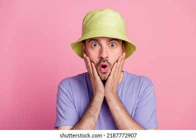 Photo of astonished boy guy impressed bad news arm touch face cheekbones isolated on pink color background - Shutterstock ID 2187772907