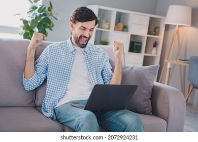 Photo of astonished man sit couch look netbook screen rejoice wear casual outfit in comfortable home indoors